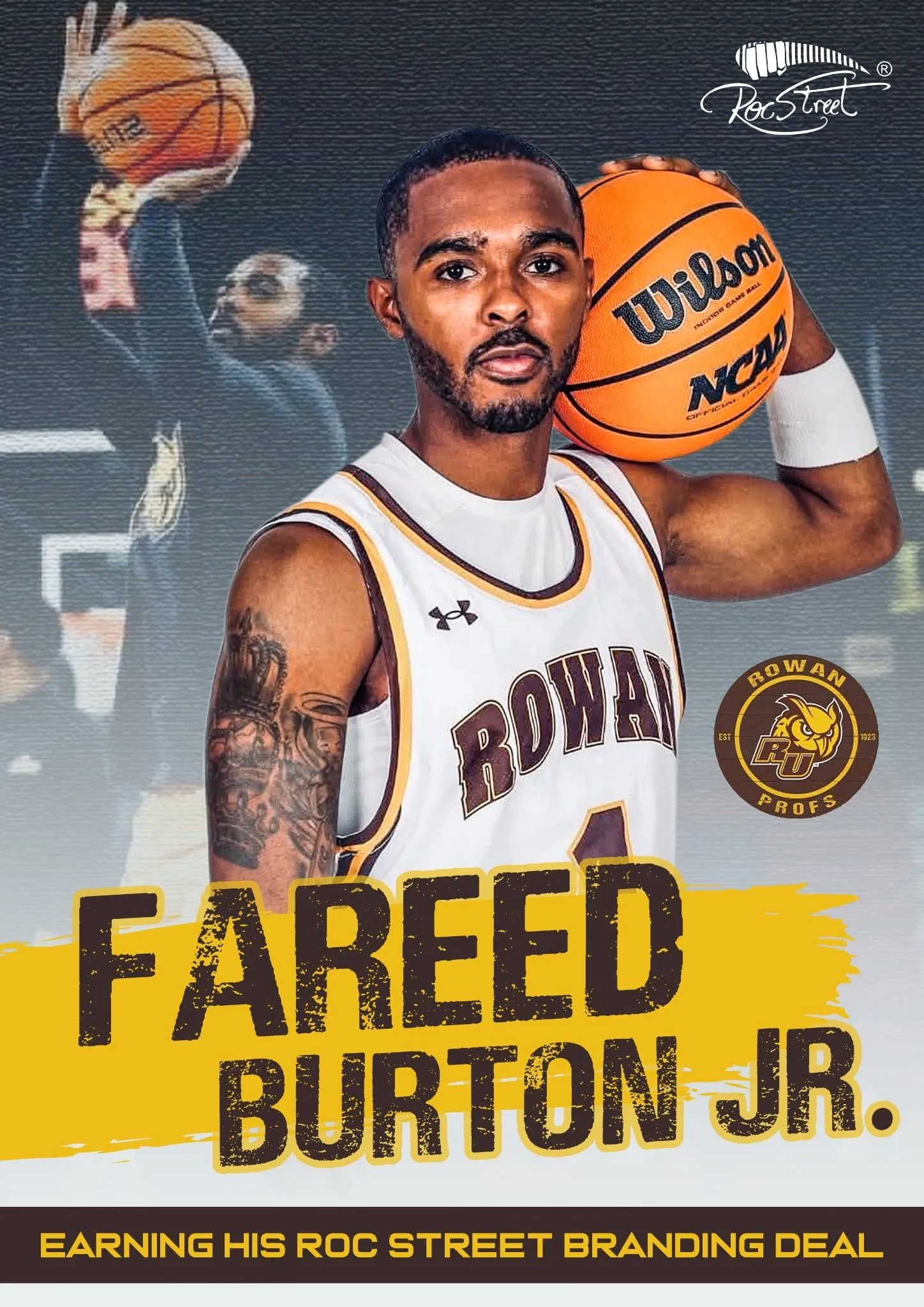 Fareed Burton Jr. in a Rowan Profs basketball uniform with Roc Street branding